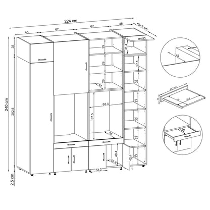 Roomart Waschmaschinenschrank SERIE 3 224 cm, Schwarz-Eiche, 240 cm hoch, technische Zeichnung