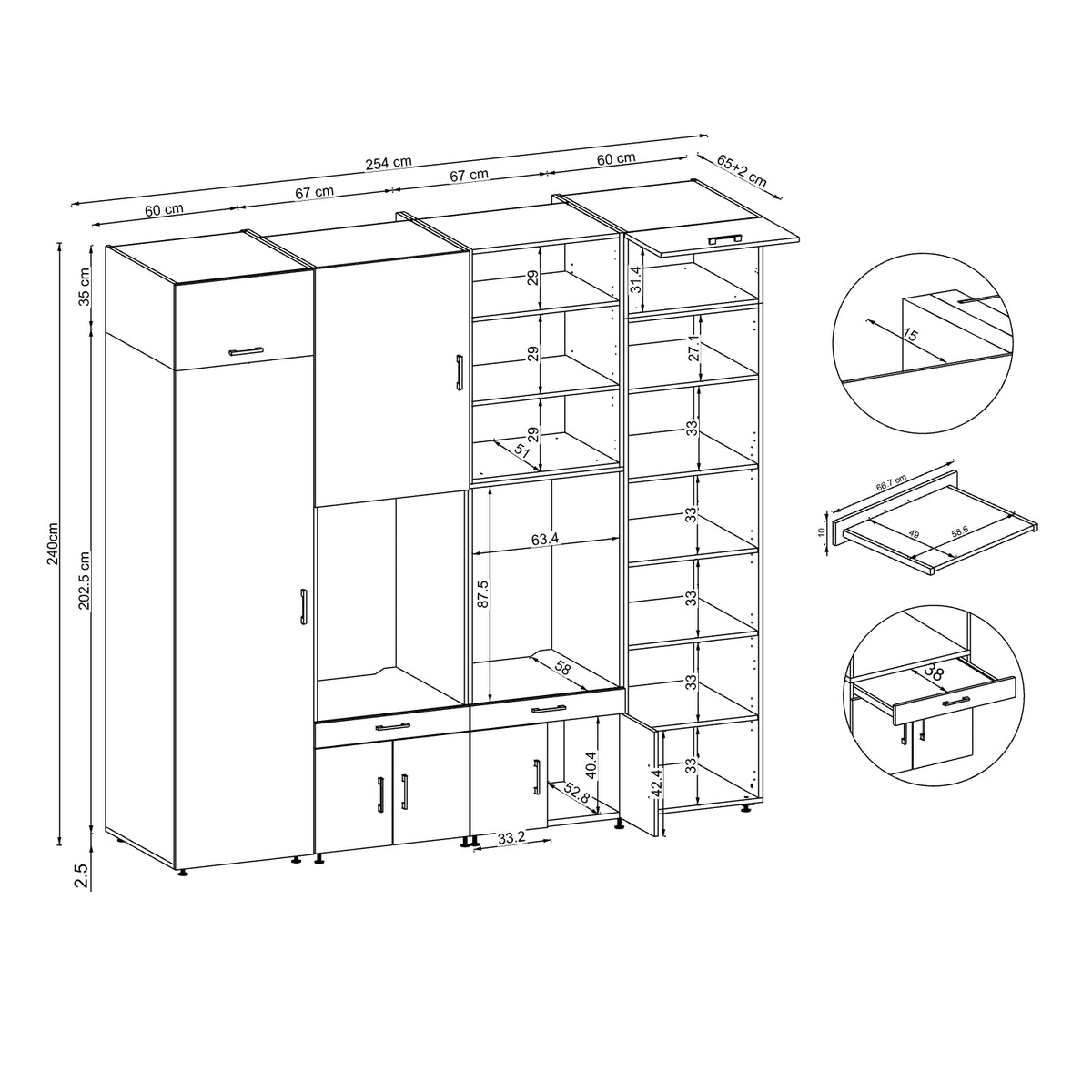 Roomart Waschmaschinenschrank SERIE 3 254 cm, Weiß, 240 cm hoch, technische Zeichnung