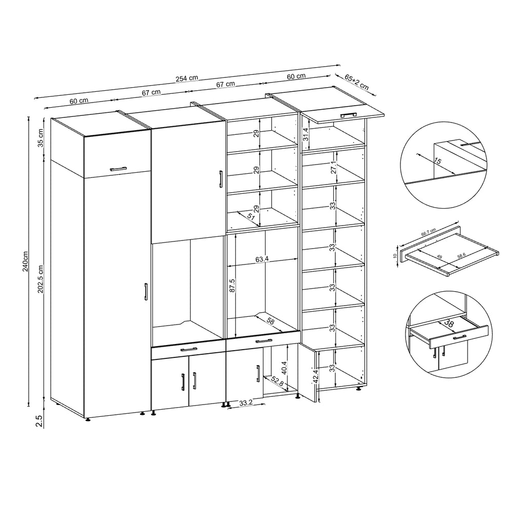 Roomart Waschmaschinenschrank SERIE 3 254 cm, Weiß, 240 cm hoch, technische Zeichnung