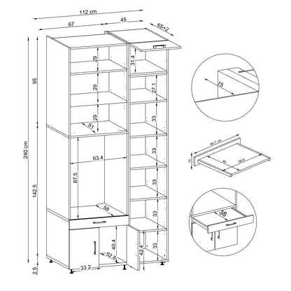 Roomart Waschmaschinenschrank SERIE 3 112 cm, Eiche, 240 cm hoch, technische Zeichnung