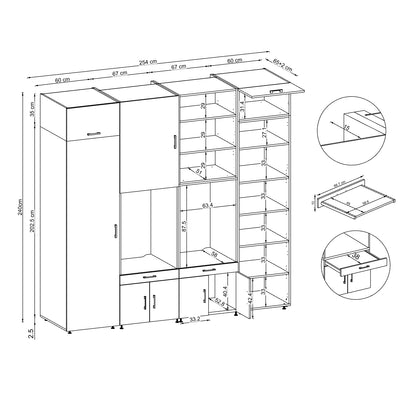 Roomart Waschmaschinenschrank SERIE 3 254 cm, Eiche, 240 cm hoch, technische Zeichnung
