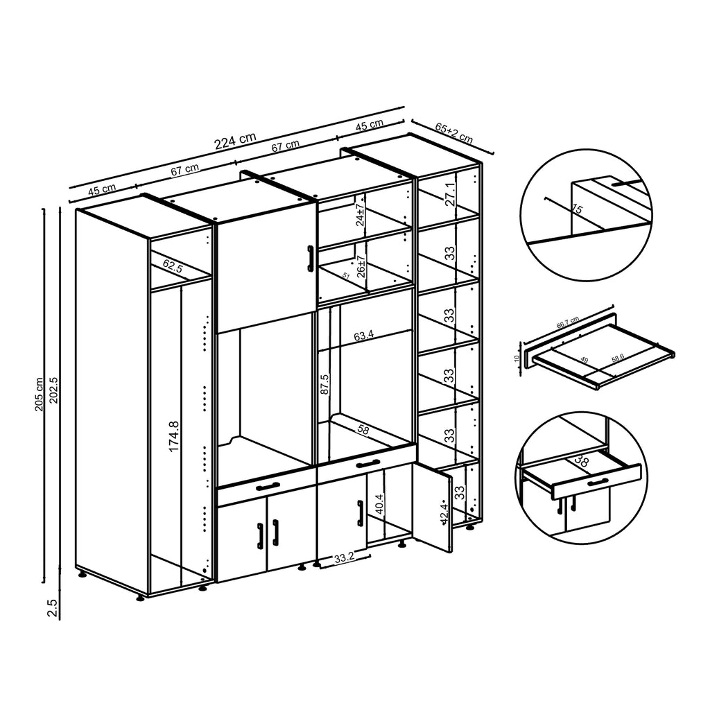 Roomart Waschmaschinenschrank SERIE 3 224 cm, Weiß, 205 cm hoch, technische Zeichnung