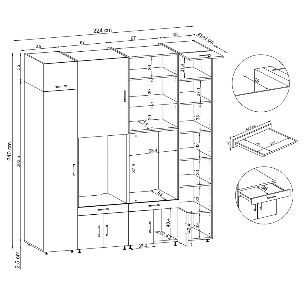 Roomart Waschmaschinenschrank SERIE 3 224 cm, Weiß, 240 cm hoch, technische Zeichnung