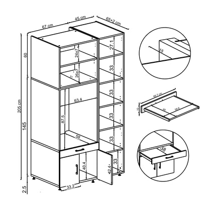 Roomart Waschmaschinenschrank SERIE 3 112 cm, Schwarz-Eiche, 205 cm hoch, technische Zeichnung