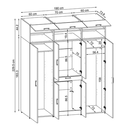 Roomart Waschmaschinenschrank DORA-I 190 cm, technische Zeichnung, 230 cm hoch