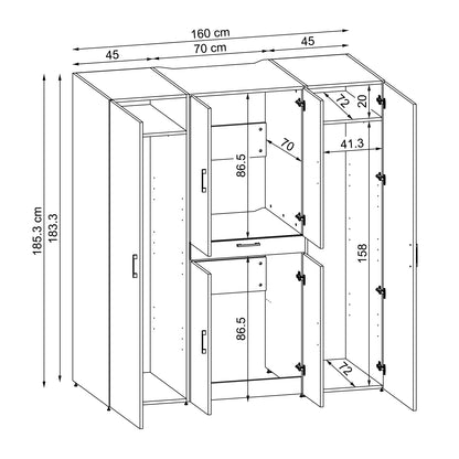Roomart Waschmaschinenschrank DORA-I 160 cm, technische Zeichnung, 186 cm hoch
