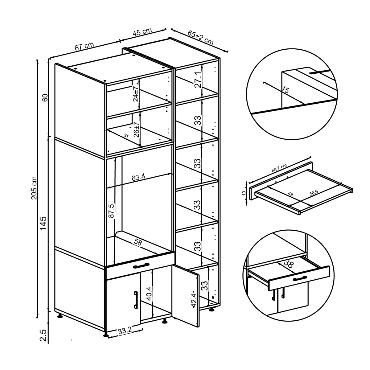 Roomart Waschmaschinenschrank SERIE 3 112 cm, Eiche, 205 cm hoch, technische Zeichnung