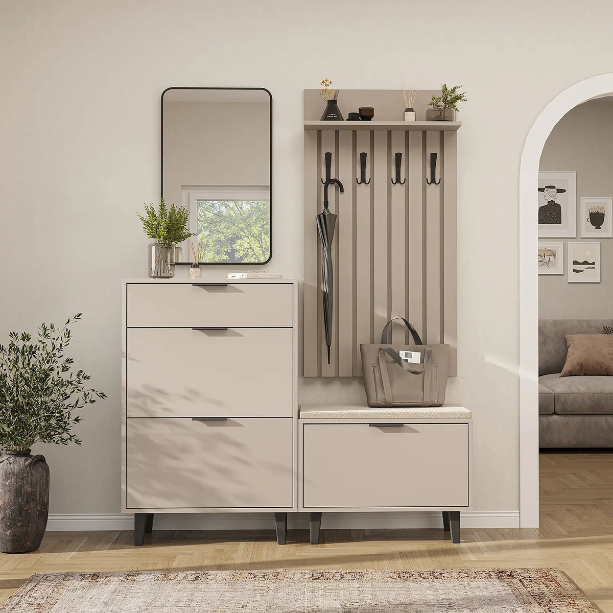 Roomart 4-teiliges Garderobenset NORD, mit Schuhschrank, Sitzbank mit Schuhklappe, Garderobenpaneel 130 cm und Spiegel, in 2 Farben