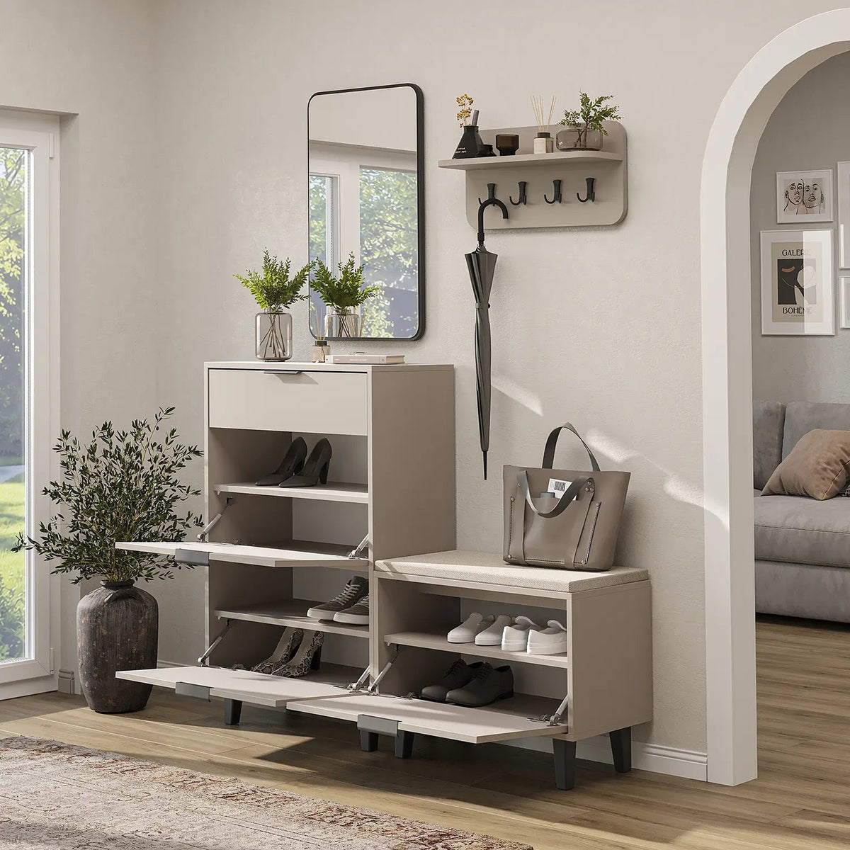 Roomart 4-teiliges Garderobenset NORD, mit Schuhschrank, Sitzbank mit Schuhklappe, Wandgarderobe und Spiegel, in 2 Farben
