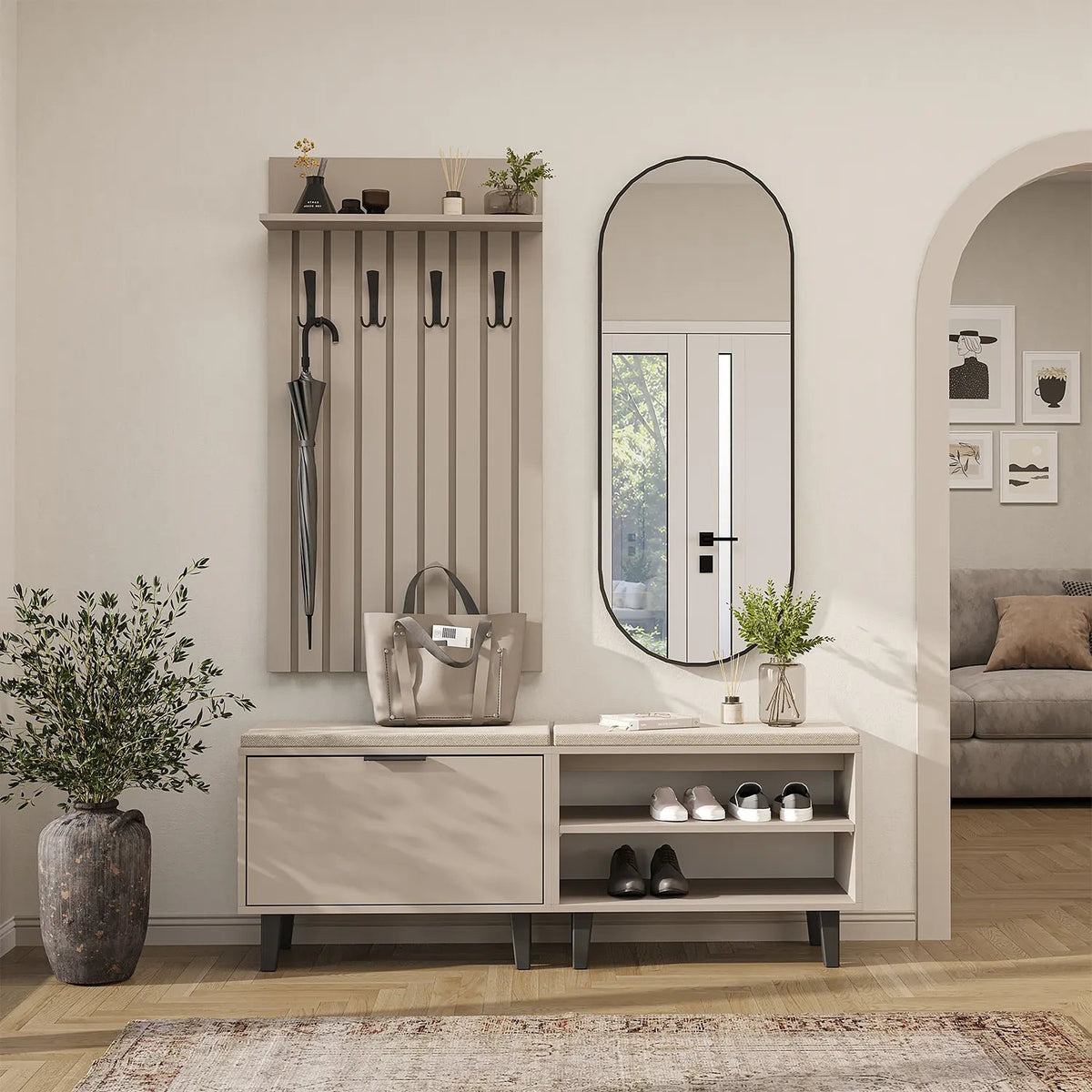 Roomart 4-teiliges Garderobenset NORD, mit 2 Sitzbänken (offen und mit Schuhklappe), Garderobenpaneel 130 cm und ovalem Spiegel, in 2 Farben