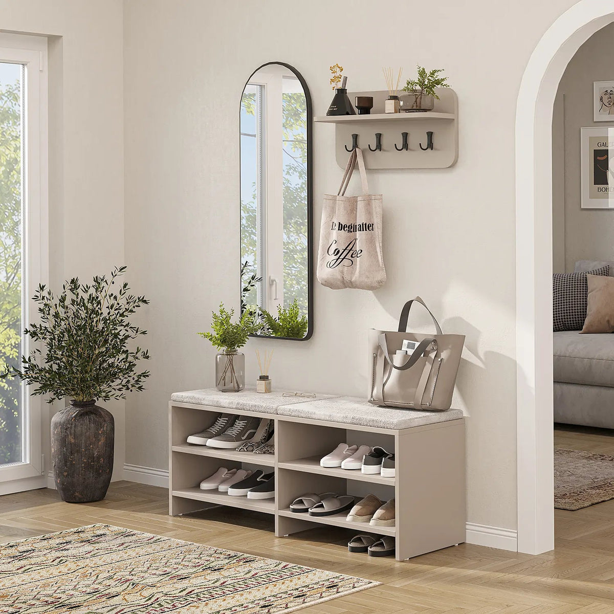 Garderobenset LENA in Beige mit Sitzbank, Wandgarderobe und Bogenspiegel