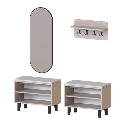 Roomart 4-teiliges Garderobenset NORD, mit 2 offenen Sitzbänken, Wandgarderobe und ovalem Spiegel, in 2 Farben