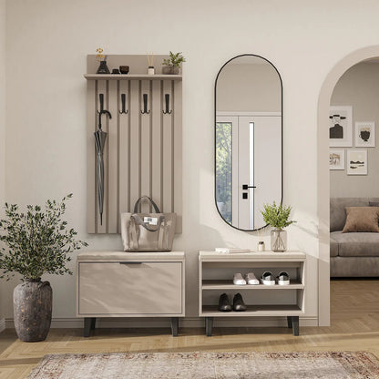 Roomart 4-teiliges Garderobenset NORD, mit 2 Sitzbänken (offen und mit Schuhklappe), Garderobenpaneel 130 cm und ovalem Spiegel, in 2 Farben