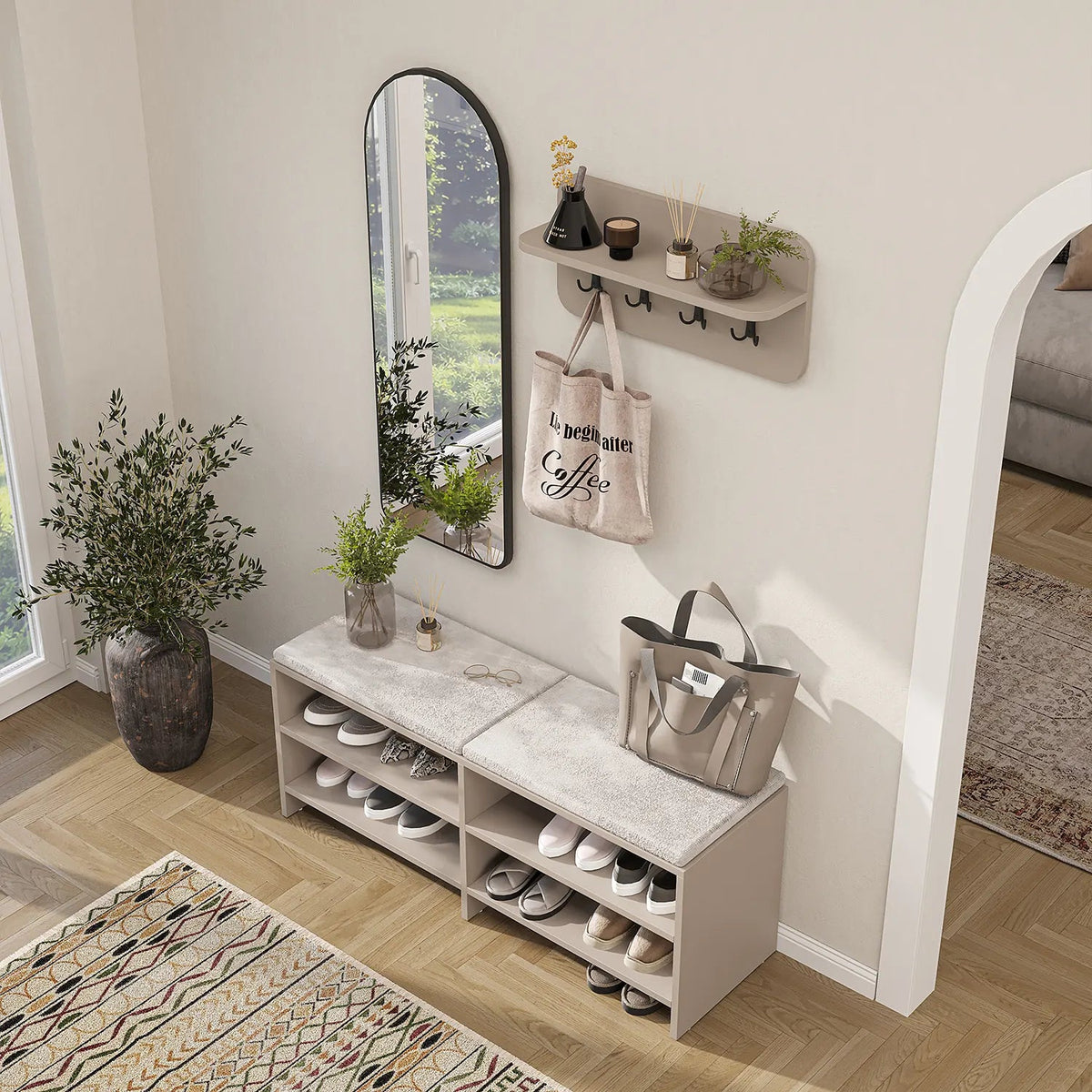 Roomart 3-teiliges Garderobenset LENA, mit Sitzbank 120 cm, Wandgarderobe und Bogenspiegel, in 2 Farben