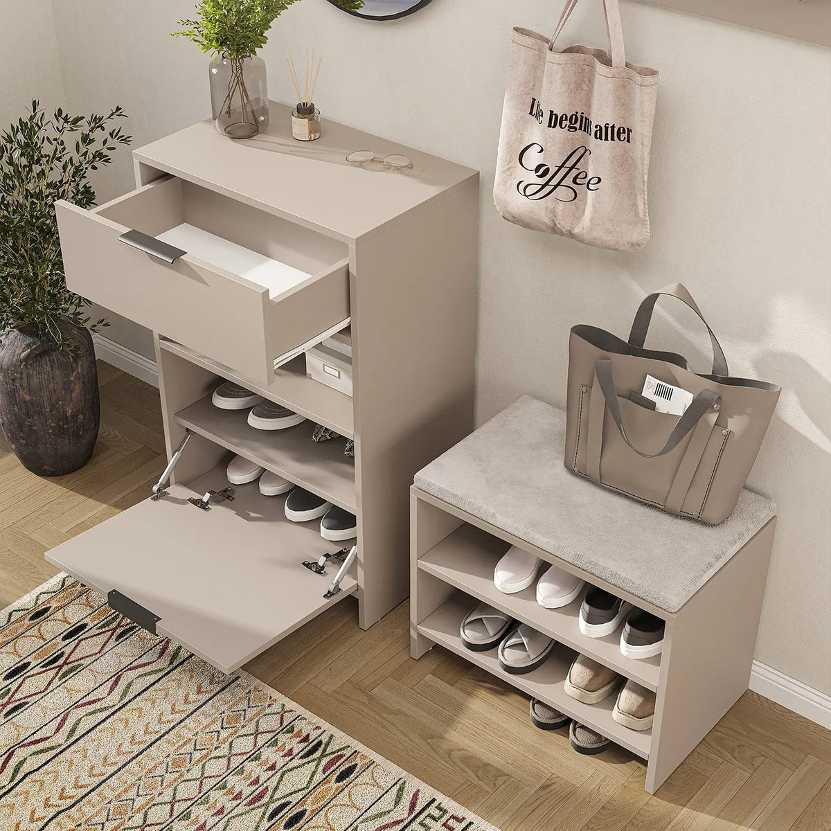 Sitzbank LENA 60 cm mit Sitzpolster und 2 offenen Schuhfächern