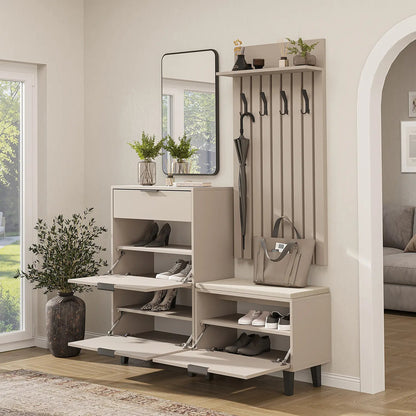 Roomart 4-teiliges Garderobenset NORD, mit Schuhschrank, Sitzbank mit Schuhklappe, Garderobenpaneel 130 cm und Spiegel, in 2 Farben