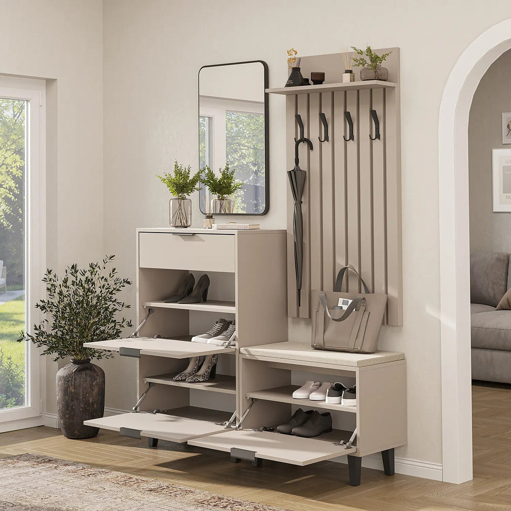 Roomart 4-teiliges Garderobenset NORD, mit Schuhschrank, Sitzbank mit Schuhklappe, Garderobenpaneel 130 cm und Spiegel, in 2 Farben