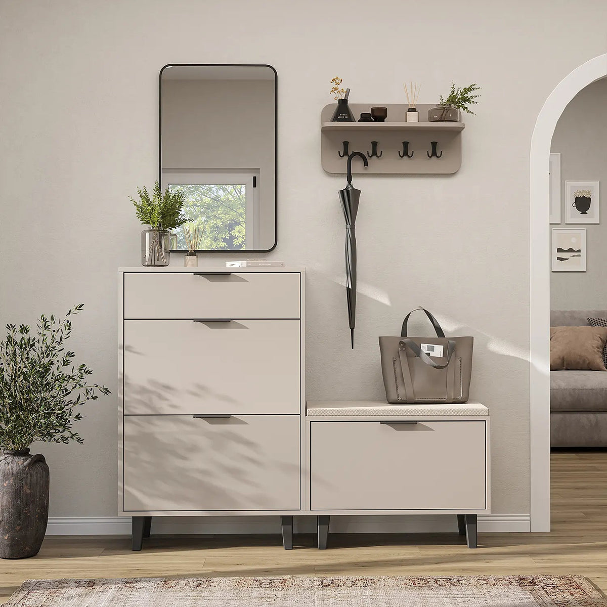 Roomart 4-teiliges Garderobenset NORD, mit Schuhschrank, Sitzbank mit Schuhklappe, Wandgarderobe und Spiegel, in 2 Farben