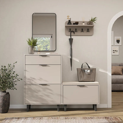 Roomart 4-teiliges Garderobenset NORD, mit Schuhschrank, Sitzbank mit Schuhklappe, Wandgarderobe und Spiegel, in 2 Farben