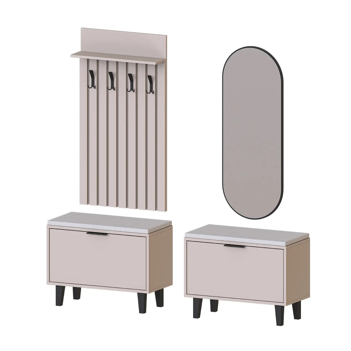 Roomart 4-teiliges Garderobenset NORD, mit 2 Sitzbänken mit Schuhklappe, Garderobenpaneel 130 cm und ovalem Spiegel, in 2 Farben