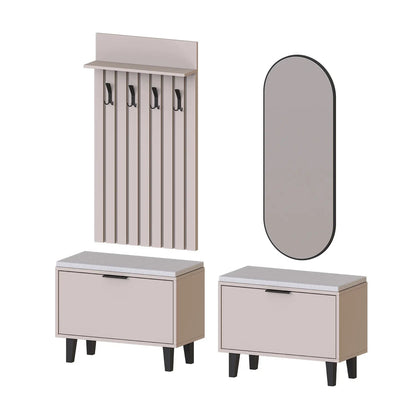 Roomart 4-teiliges Garderobenset NORD, mit 2 Sitzbänken mit Schuhklappe, Garderobenpaneel 130 cm und ovalem Spiegel, in 2 Farben