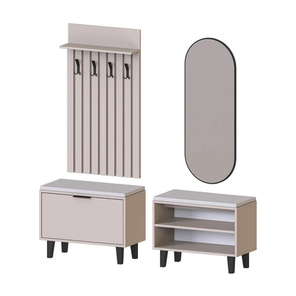 Roomart 4-teiliges Garderobenset NORD, mit 2 Sitzbänken (offen und mit Schuhklappe), Garderobenpaneel 130 cm und ovalem Spiegel, in 2 Farben