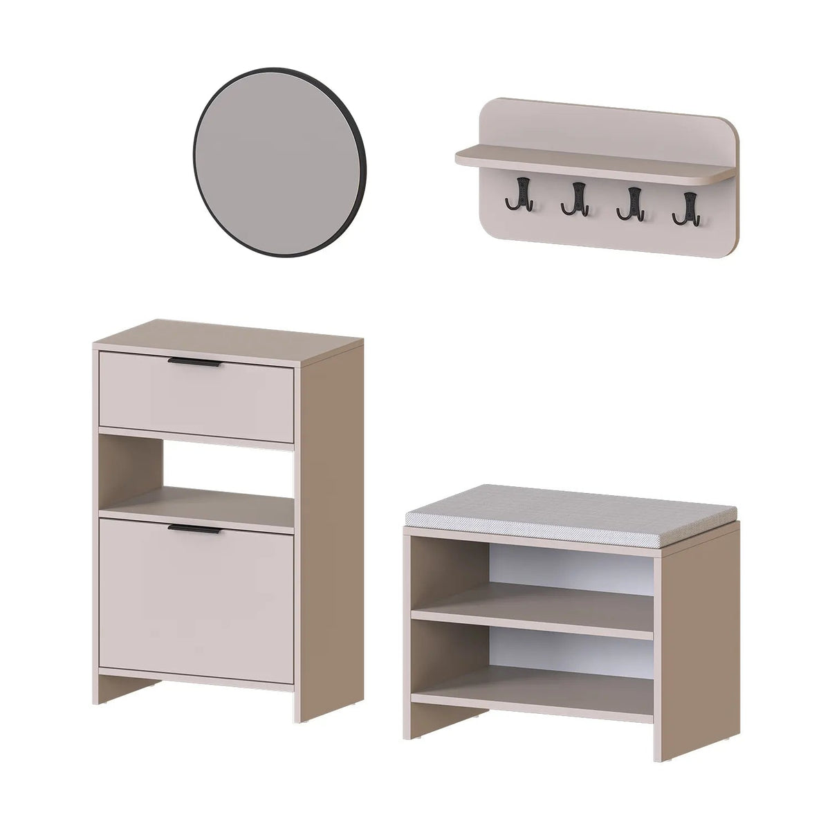 Roomart 4-teiliges Garderobenset LENA, mit Schuhschrank, Sitzbank, Wandgarderobe und rundem Spiegel, in 2 Farben