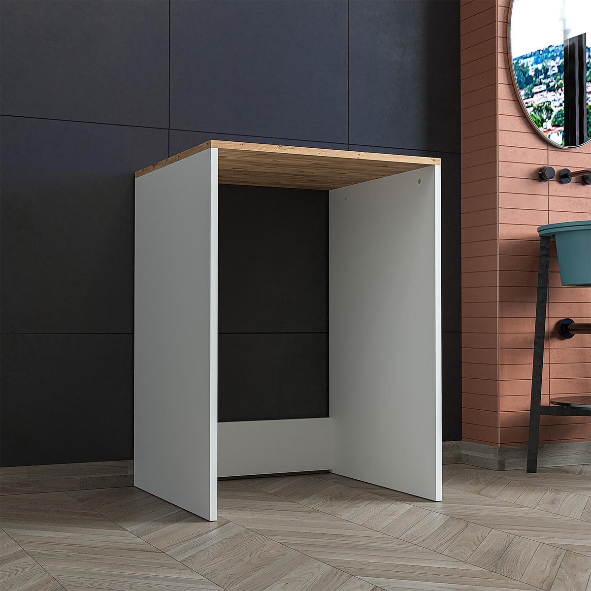 Roomart, Badezimmer Atlantic, Waschmaschinenschrank, Badezimmerschrank BHT: 65 x 90 x 60 cm, in Weiß-Eiche, Anthrazit Eiche- badezimmerschrank, waschbecken, badezimmermöbel, badschrank, badezimmer, mit, unterschrank, badmöbel, set, waschtisch, möbel, bade