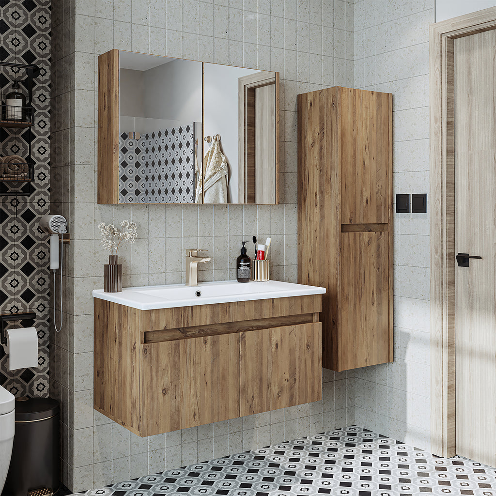 Roomart Badmöbel Set ATRIA 85 cm Unterschrank mit Waschbecken Spiegelschrank Hochschrank - badezimmer, set, waschbecken, mit, unterschrank, bad, schrank, breit, spiegelschrank, badmöbel, waschtisch, für, badschrank, hochschrank, waschbeckenunterschrank, w