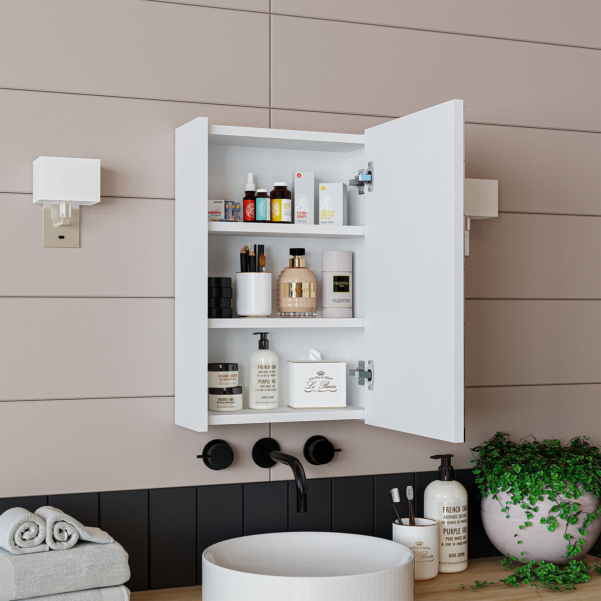 Roomart Badezimmerspiegelschrank "Punto“ – moderner, kompakter 40 cm Badschrank mit Spiegel – in Weiß oder Eiche -  badezimmerspiegelschrank, mirror, lichtschalter, badspiegelschrank, geringe, tiefe, schiebetür, steckdose, eckspiegelschrank, smarter, badh