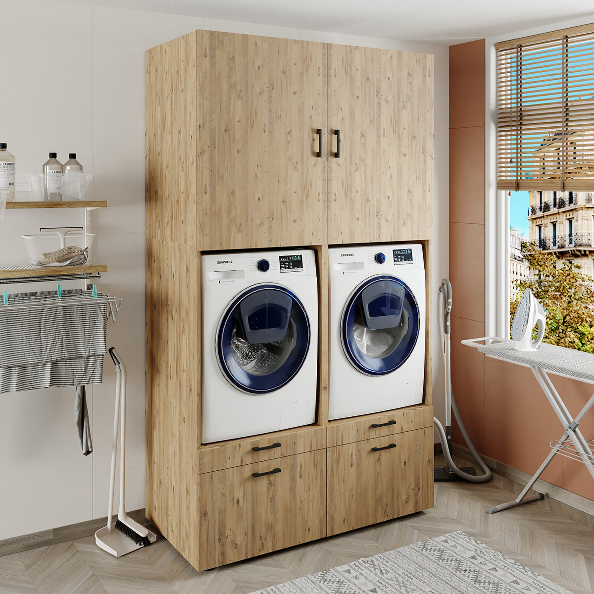 Roomart wasmachinekast SERIE 2, 134 cm, dubbele kast met uittrekplanken, in 3 kleuren