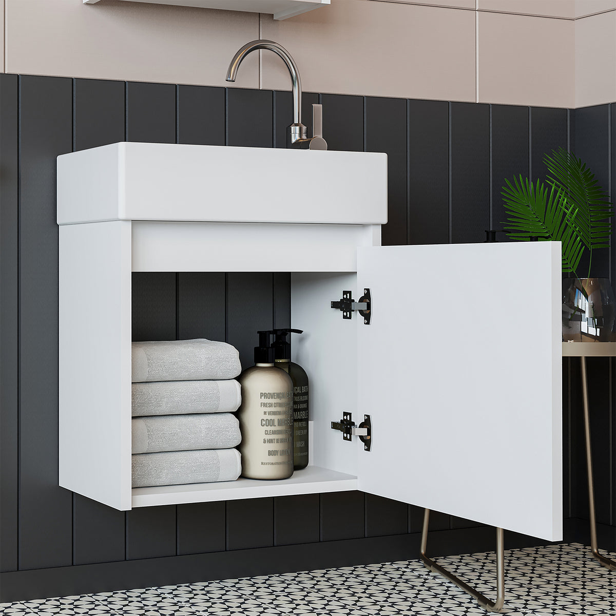 Roomart, MINI Unterschrank mit Waschbecken 50cm Gäste WC Badezimmer Möbel in 5 Farben - und, spiegelschrank, günstige, sets, mobel, ohne, siphon, keramik, badmöbelset, badmobelsets, landhausstil, standwaschtisch, standwaschbecken, badschrank, aufsatzbecke