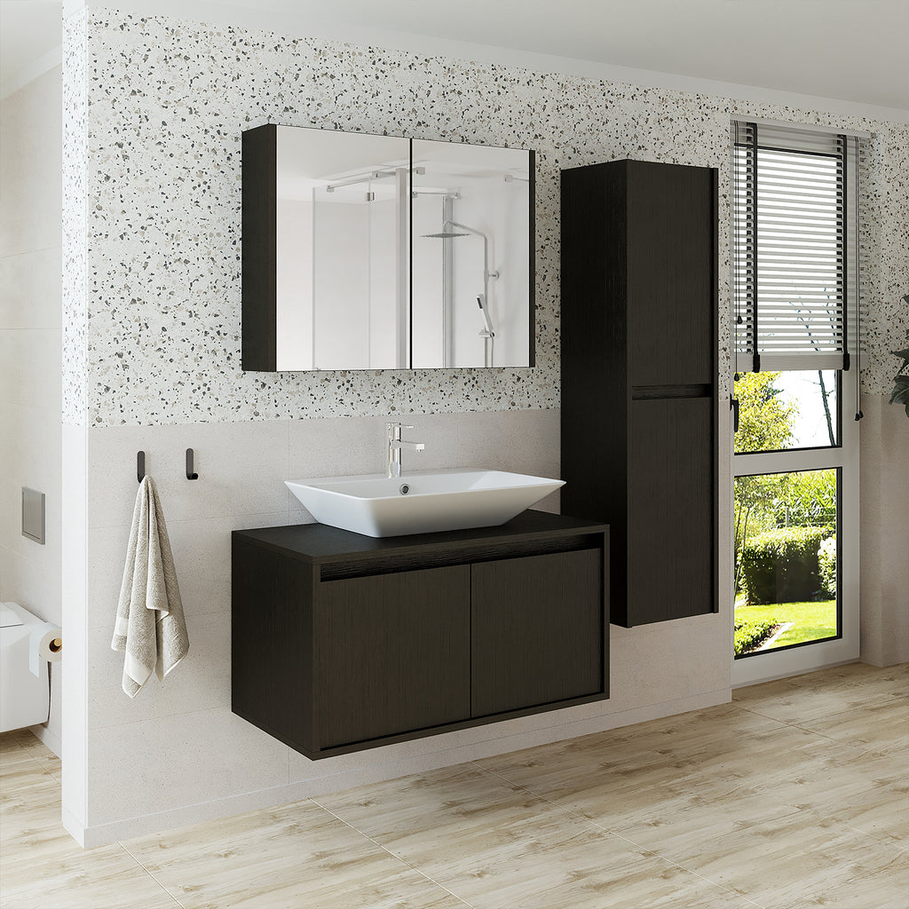 Roomart Badmöbel Set ATLANTIC 4-teilig 85 cm in 5 Farben Unterschrank mit Keramikwaschbecken • Spiegelschrank • Hochschrank - badezimmerschrank, waschbecken, badezimmermöbel, badschrank, badezimmer, mit, unterschrank, badmöbel, set, waschtisch, möbel, bad