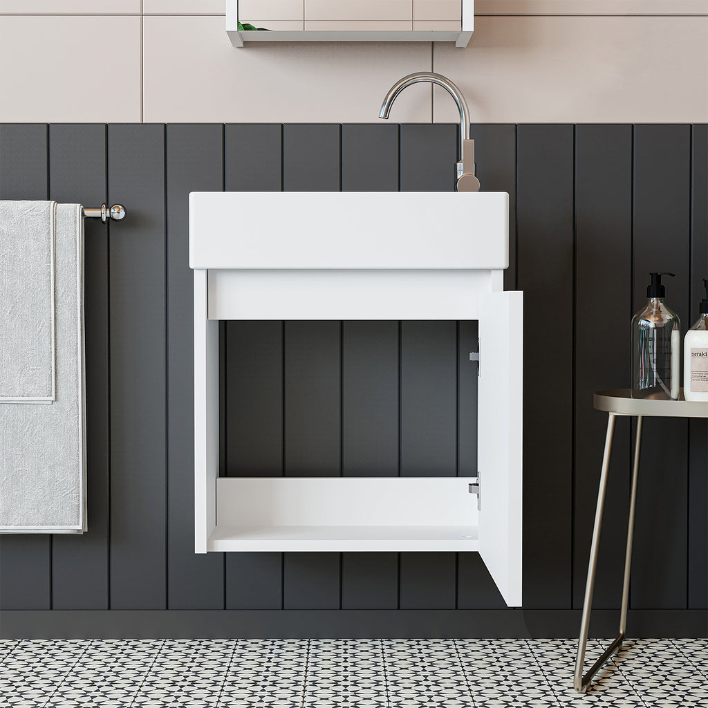 Roomart, MINI Unterschrank mit Waschbecken 50cm Gäste WC Badezimmer Möbel in 5 Farben - und, spiegelschrank, günstige, sets, mobel, ohne, siphon, keramik, badmöbelset, badmobelsets, landhausstil, standwaschtisch, standwaschbecken, badschrank, aufsatzbecke