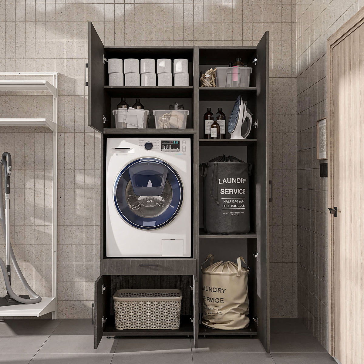 Roomart Waschmaschinenschrank SERIE 3 112 cm, Schwarz-Eiche, 205 cm hoch