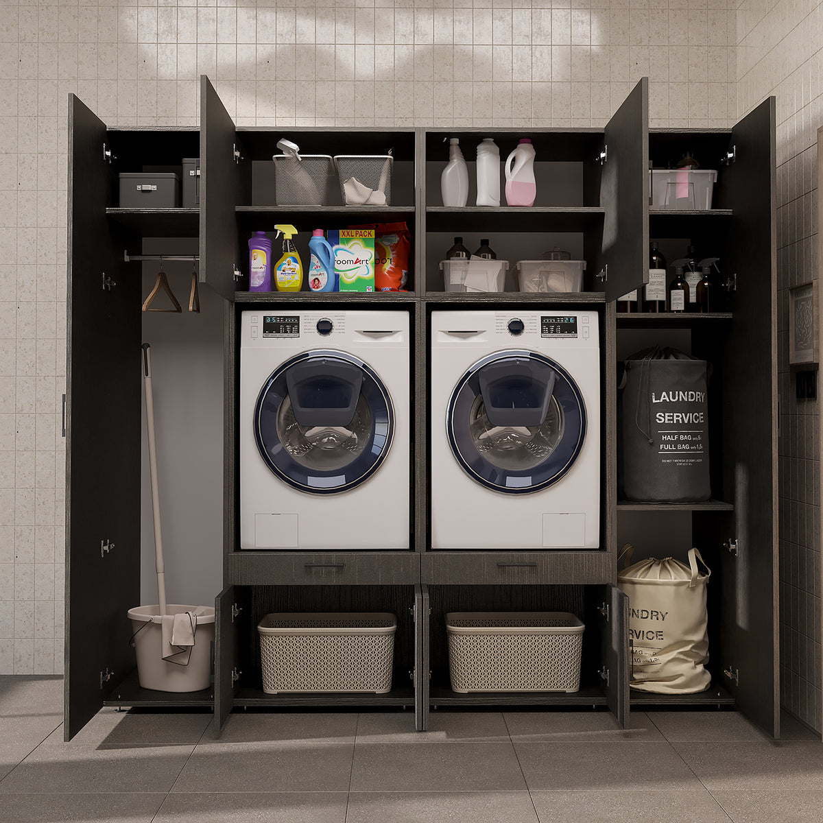 Roomart Waschmaschinenschrank SERIE 3 224 cm, Schwarz-Eiche, 205 cm hoch