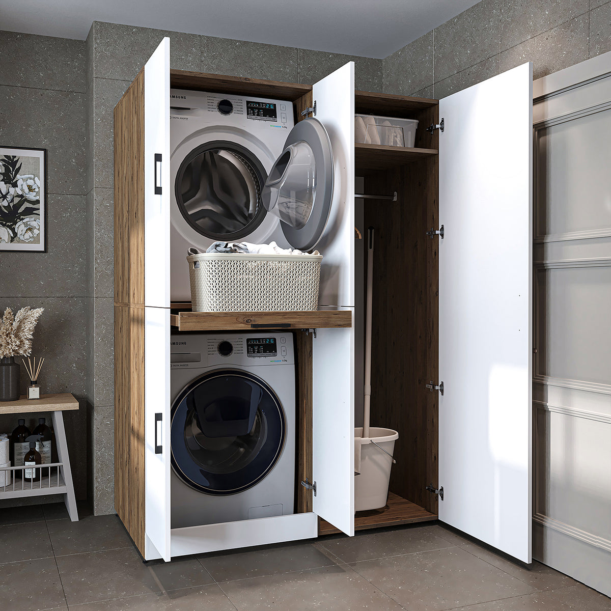 Roomart Waschmaschinenschrank " DORA SET" für Trockner & Waschmaschine, 130 cm breit, in 4 Farben, mit Türen & Ausziehbrett • Weiß • Weiß Eiche • Anthrazit Eiche • Eiche - waschmaschinenschrank, waschmaschinenregal, waschturm, schrank, weiß, waschmaschine