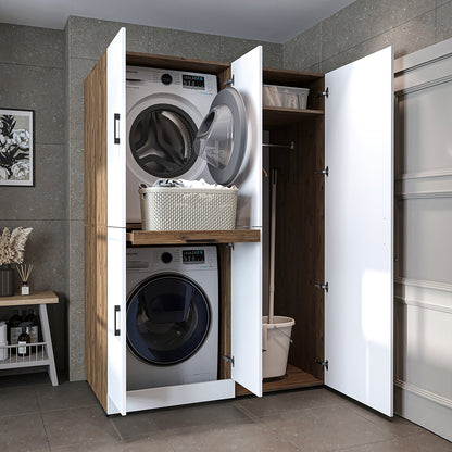 Roomart Waschmaschinenschrank " DORA SET" für Trockner & Waschmaschine, 130 cm breit, in 4 Farben, mit Türen & Ausziehbrett • Weiß • Weiß Eiche • Anthrazit Eiche • Eiche - waschmaschinenschrank, waschmaschinenregal, waschturm, schrank, weiß, waschmaschine