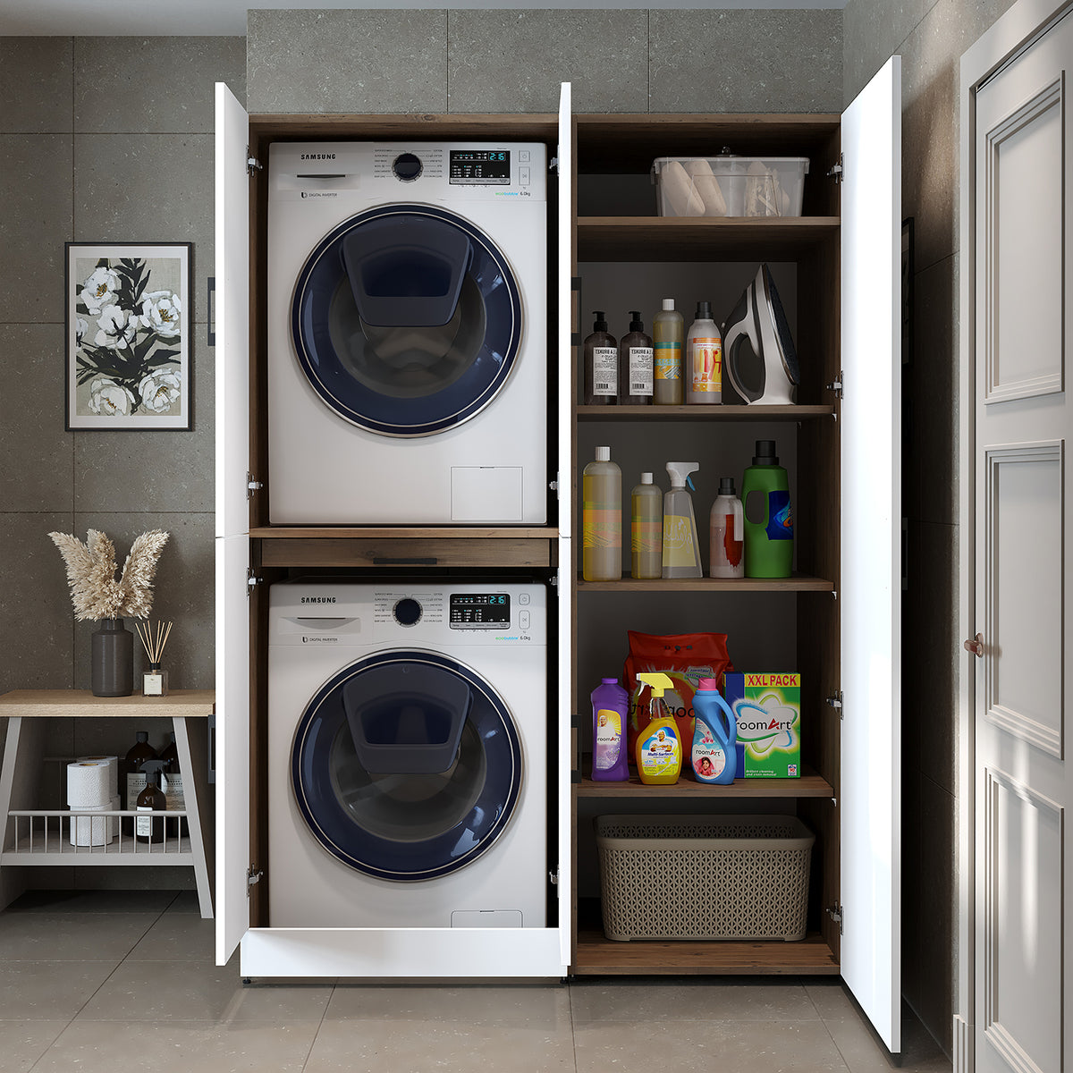 Roomart wasmachinekast DORA-I, 130 cm, met uittrekplank en hoge kast, 5 kleuren