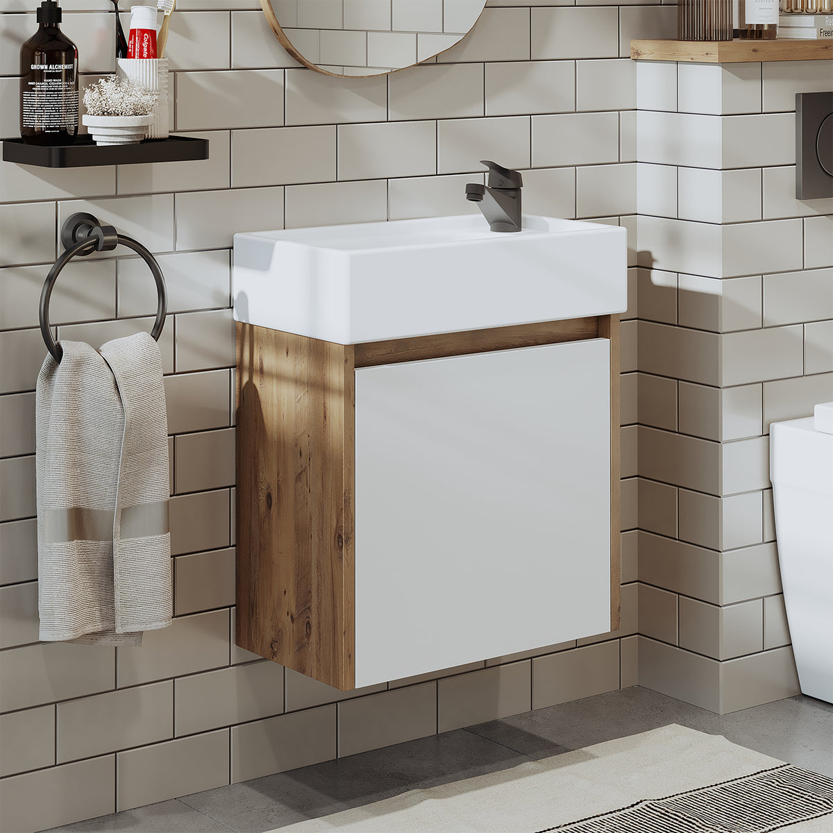Roomart, MINI Unterschrank mit Waschbecken 50cm Gäste WC Badezimmer Möbel in 5 Farben - und, spiegelschrank, günstige, sets, mobel, ohne, siphon, keramik, badmöbelset, badmobelsets, landhausstil, standwaschtisch, standwaschbecken, badschrank, aufsatzbecke