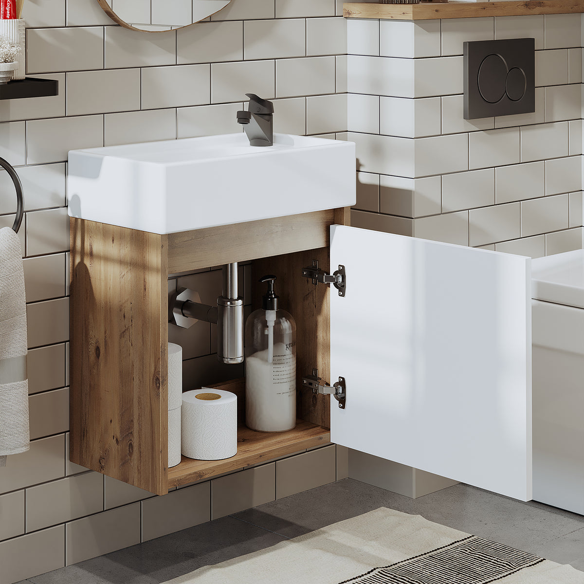 Roomart, MINI Unterschrank mit Waschbecken 50cm Gäste WC Badezimmer Möbel in 5 Farben - und, spiegelschrank, günstige, sets, mobel, ohne, siphon, keramik, badmöbelset, badmobelsets, landhausstil, standwaschtisch, standwaschbecken, badschrank, aufsatzbecke