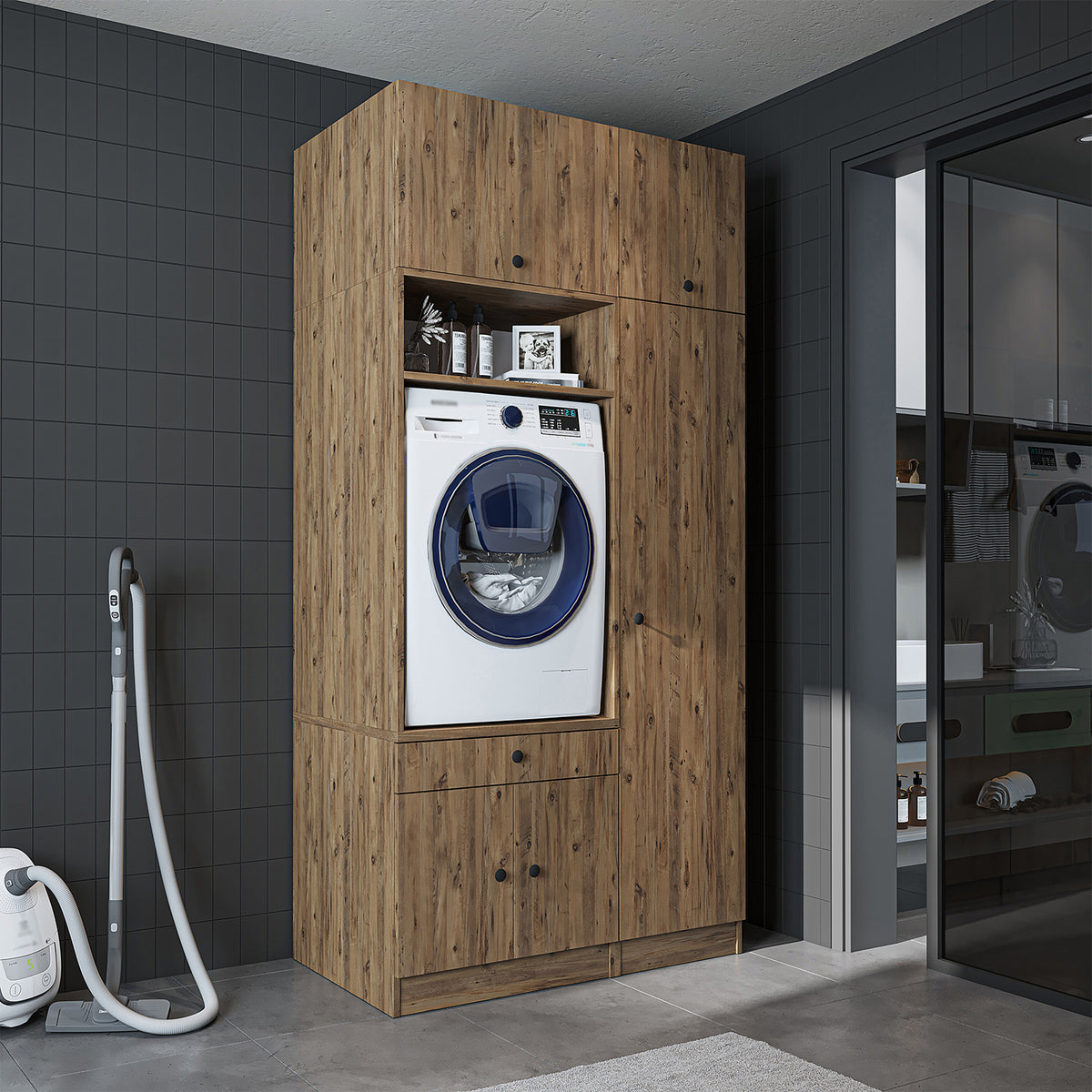 Roomart wasmachinekast SERIE 3, 112 cm, met hoge kast en uittrekbaar blad, in 3 kleuren