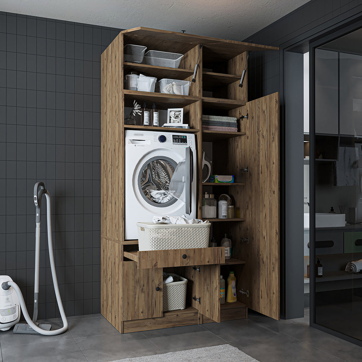 Roomart wasmachinekast SERIE 3, 112 cm, met hoge kast en uittrekbaar blad, in 3 kleuren