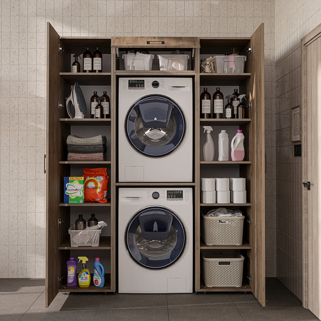Roomart kastenwand DUO-I, 157 cm, met 2 hoge kasten en bovenkast voor wasmachine & droger, in 2 kleuren