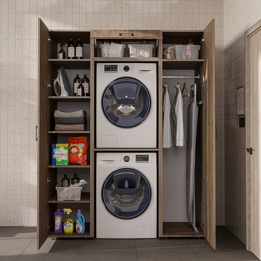 Roomart kastenwand DUO-I, 157 cm, met 2 hoge kasten en bovenkast voor wasmachine & droger, in 2 kleuren