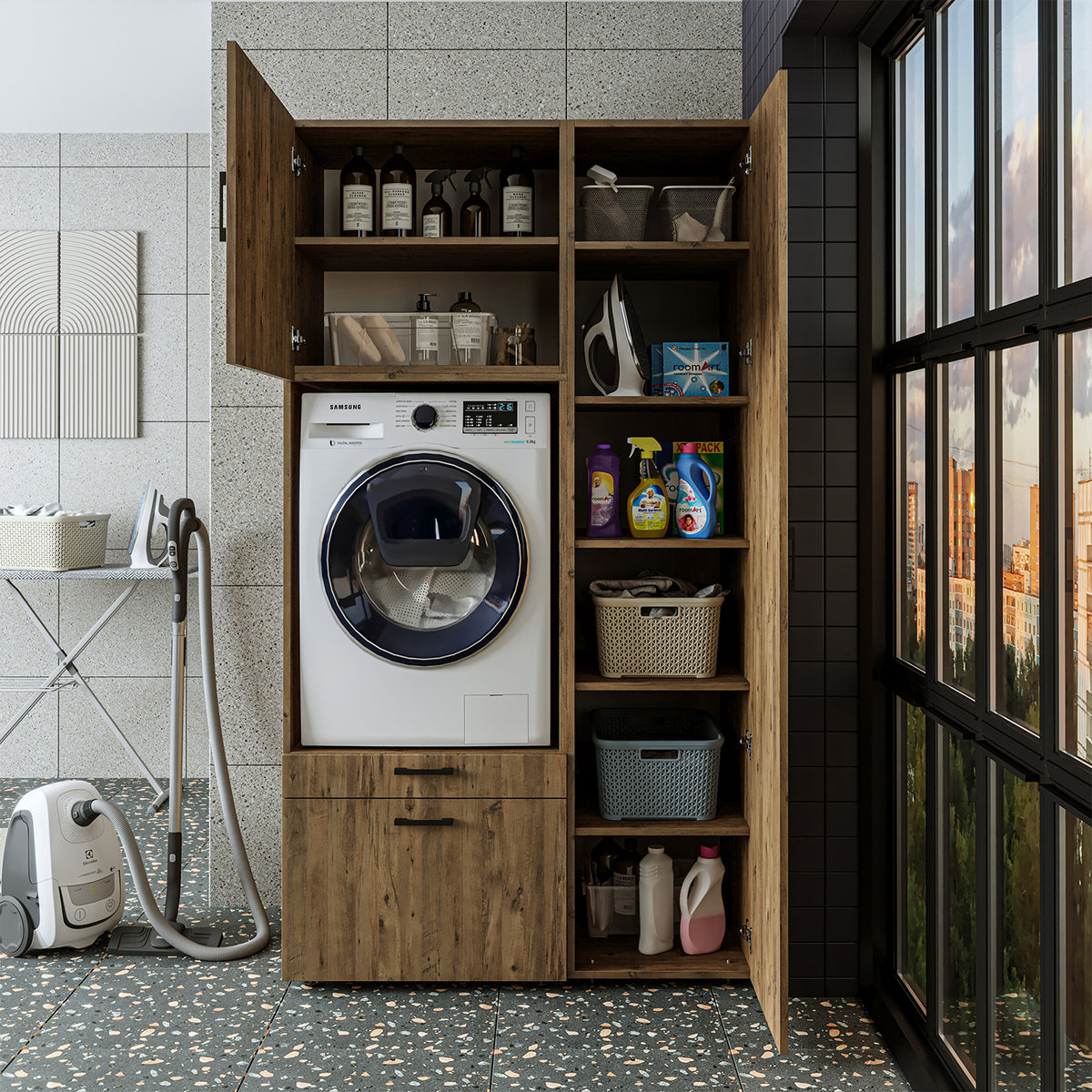 Roomart wasmachinekast SERIE 2, 112 cm, met hoge kast en uittrekplank, in 3 kleuren