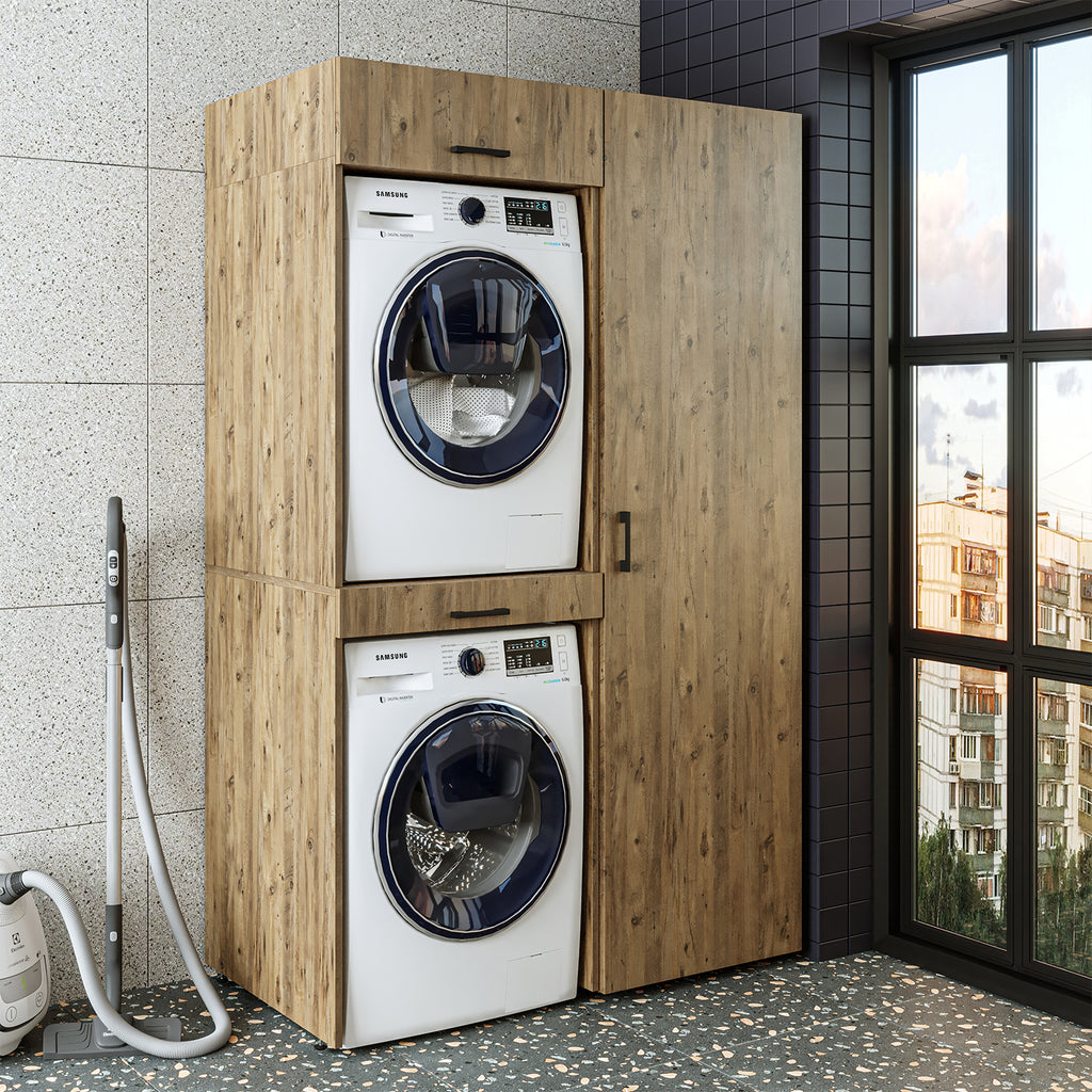 Waschmaschinenschrank DUO-I in Eiche mit Hochschrank und Schublade