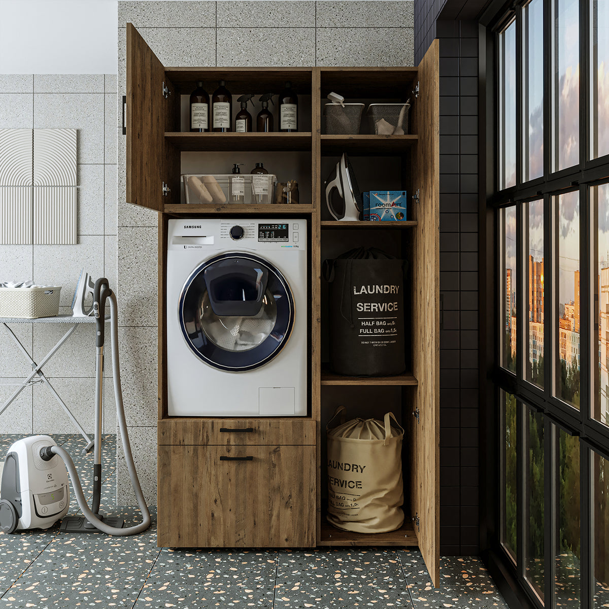 Roomart wasmachinekast SERIE 2, 112 cm, met hoge kast en uittrekplank, in 3 kleuren