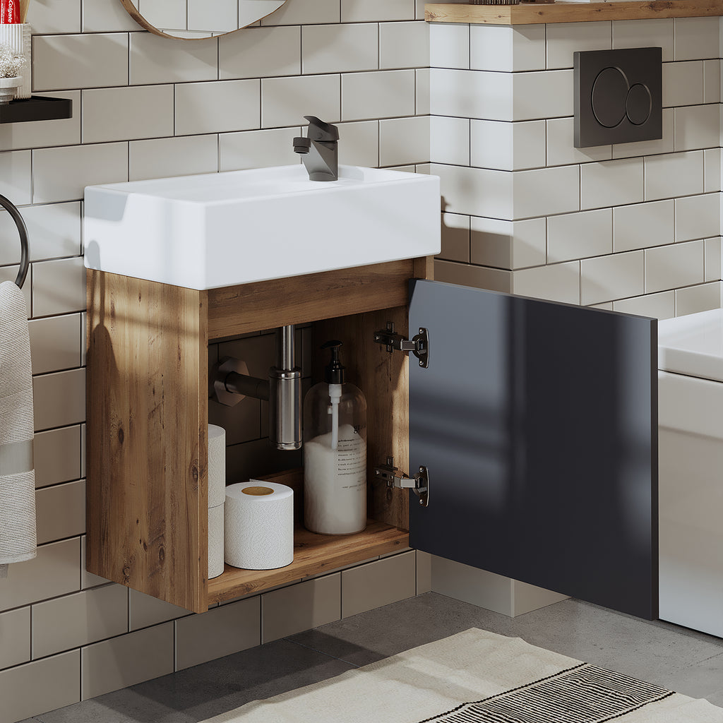 Roomart, MINI Unterschrank mit Waschbecken 50cm Gäste WC Badezimmer Möbel in 5 Farben - und, spiegelschrank, günstige, sets, mobel, ohne, siphon, keramik, badmöbelset, badmobelsets, landhausstil, standwaschtisch, standwaschbecken, badschrank, aufsatzbecke