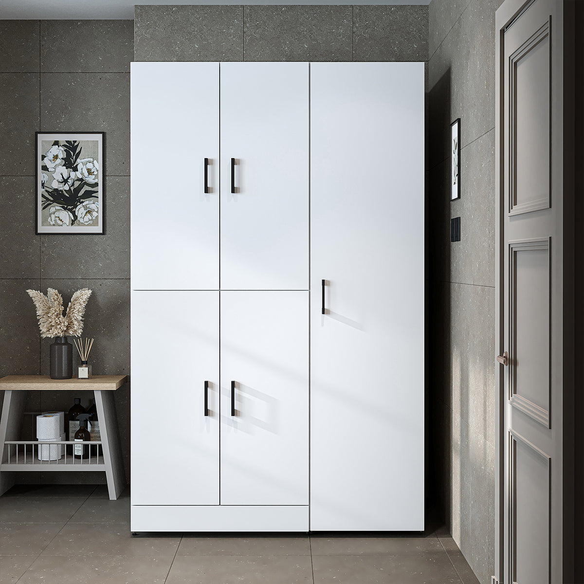 Roomart Waschmaschinenschrank " DORA SET" für Trockner & Waschmaschine, 115 cm breit, in 4 Farben, mit Türen & Ausziehbrett • Weiß • Weiß Eiche • Anthrazit Eiche • Eiche - waschmaschinenschrank, waschmaschinenregal, waschturm, schrank, weiß, waschmaschine